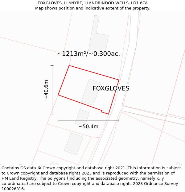 FOXGLOVES, LLANYRE, LLANDRINDOD WELLS, LD1 6EA: Plot and title map