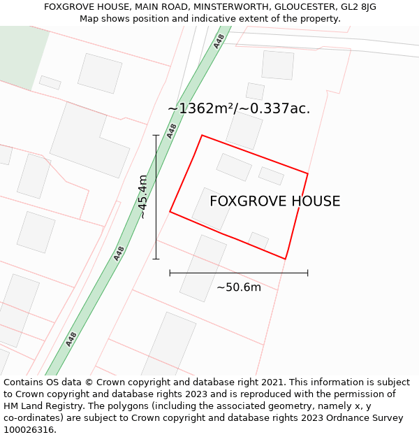 FOXGROVE HOUSE, MAIN ROAD, MINSTERWORTH, GLOUCESTER, GL2 8JG: Plot and title map