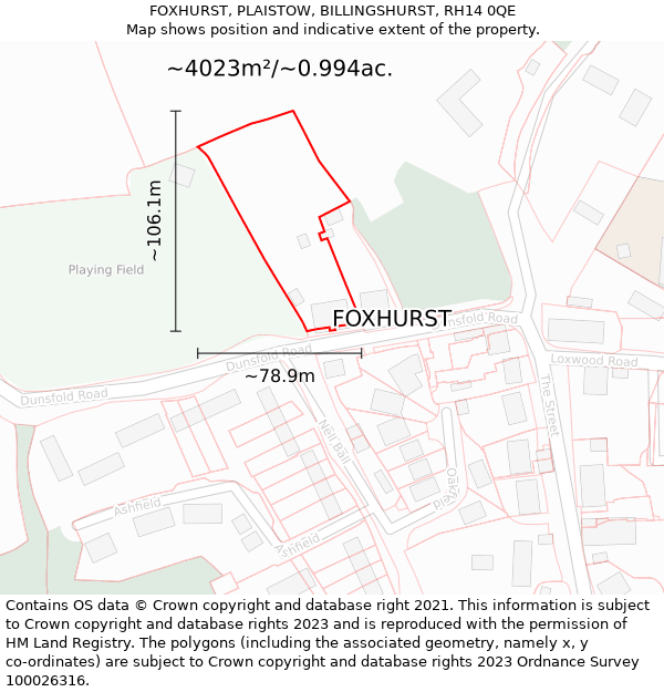 FOXHURST, PLAISTOW, BILLINGSHURST, RH14 0QE: Plot and title map