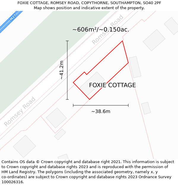 FOXIE COTTAGE, ROMSEY ROAD, COPYTHORNE, SOUTHAMPTON, SO40 2PF: Plot and title map