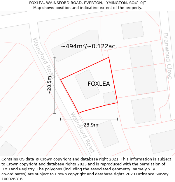 FOXLEA, WAINSFORD ROAD, EVERTON, LYMINGTON, SO41 0JT: Plot and title map