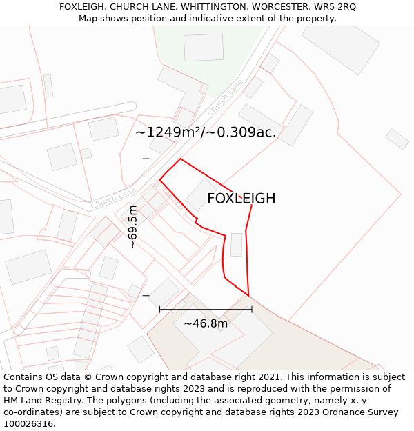 FOXLEIGH, CHURCH LANE, WHITTINGTON, WORCESTER, WR5 2RQ: Plot and title map