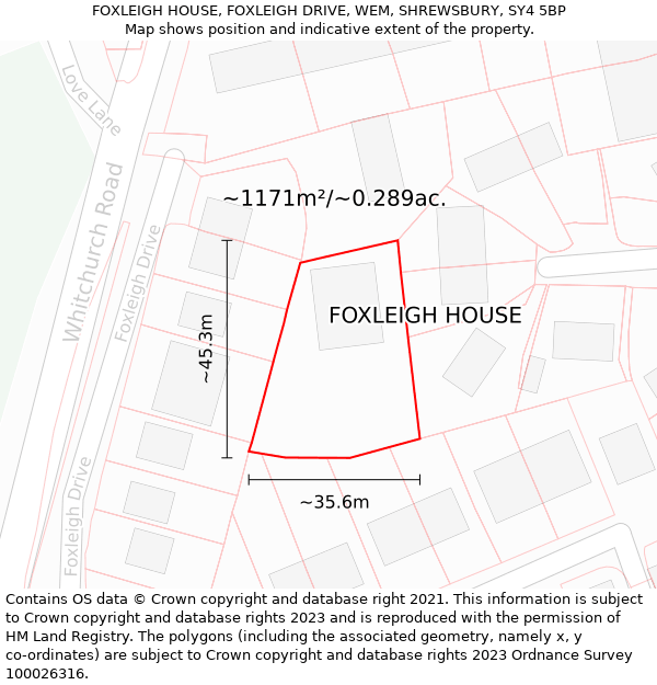 FOXLEIGH HOUSE, FOXLEIGH DRIVE, WEM, SHREWSBURY, SY4 5BP: Plot and title map