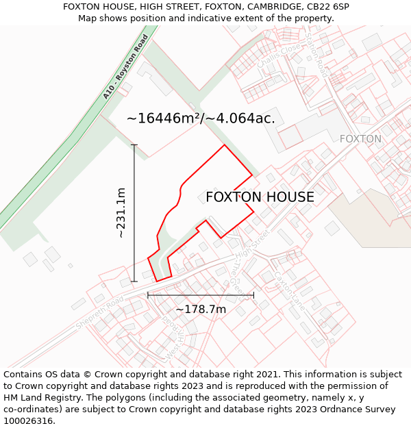 FOXTON HOUSE, HIGH STREET, FOXTON, CAMBRIDGE, CB22 6SP: Plot and title map