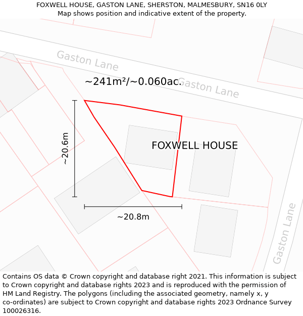 FOXWELL HOUSE, GASTON LANE, SHERSTON, MALMESBURY, SN16 0LY: Plot and title map