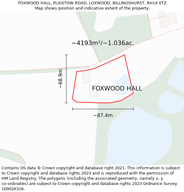 FOXWOOD HALL, PLAISTOW ROAD, LOXWOOD, BILLINGSHURST, RH14 0TZ: Plot and title map