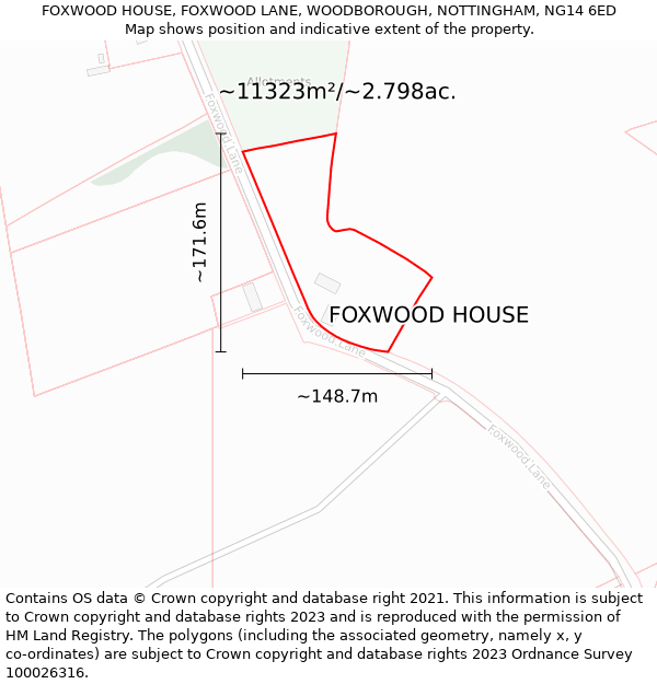 FOXWOOD HOUSE, FOXWOOD LANE, WOODBOROUGH, NOTTINGHAM, NG14 6ED: Plot and title map
