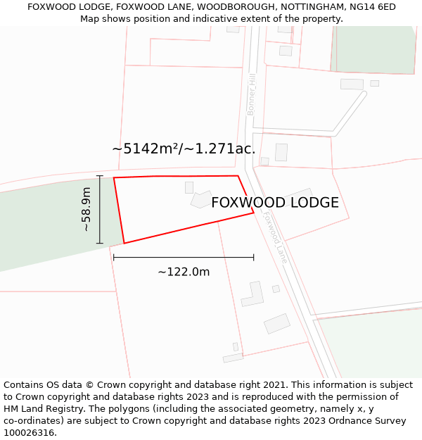 FOXWOOD LODGE, FOXWOOD LANE, WOODBOROUGH, NOTTINGHAM, NG14 6ED: Plot and title map