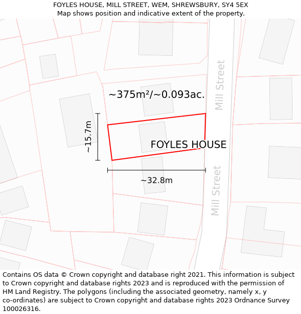 FOYLES HOUSE, MILL STREET, WEM, SHREWSBURY, SY4 5EX: Plot and title map