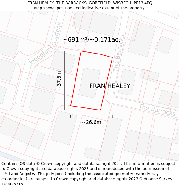 FRAN HEALEY, THE BARRACKS, GOREFIELD, WISBECH, PE13 4PQ: Plot and title map