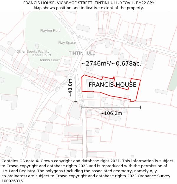 FRANCIS HOUSE, VICARAGE STREET, TINTINHULL, YEOVIL, BA22 8PY: Plot and title map