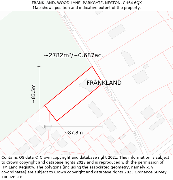 FRANKLAND, WOOD LANE, PARKGATE, NESTON, CH64 6QX: Plot and title map