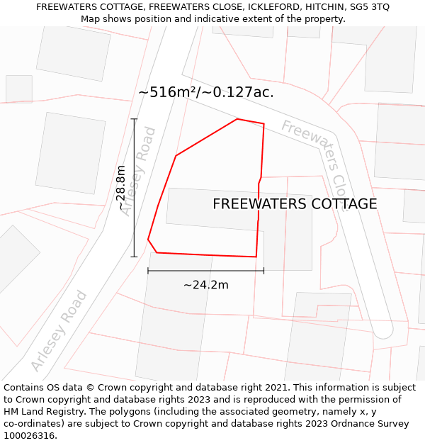 FREEWATERS COTTAGE, FREEWATERS CLOSE, ICKLEFORD, HITCHIN, SG5 3TQ: Plot and title map