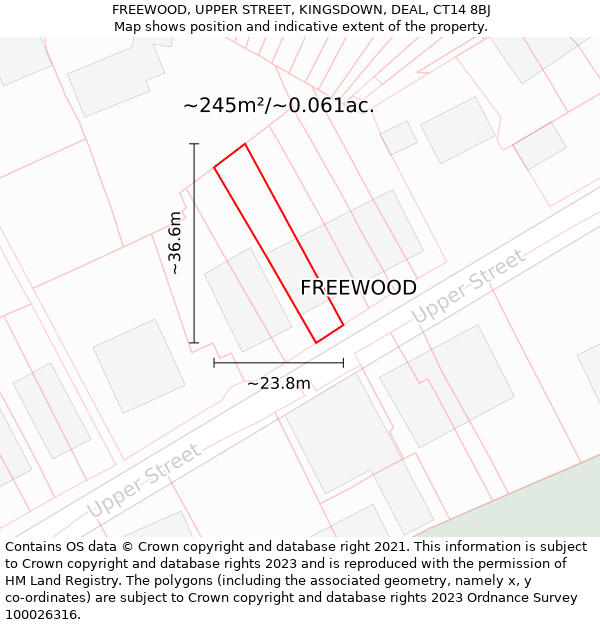 FREEWOOD, UPPER STREET, KINGSDOWN, DEAL, CT14 8BJ: Plot and title map