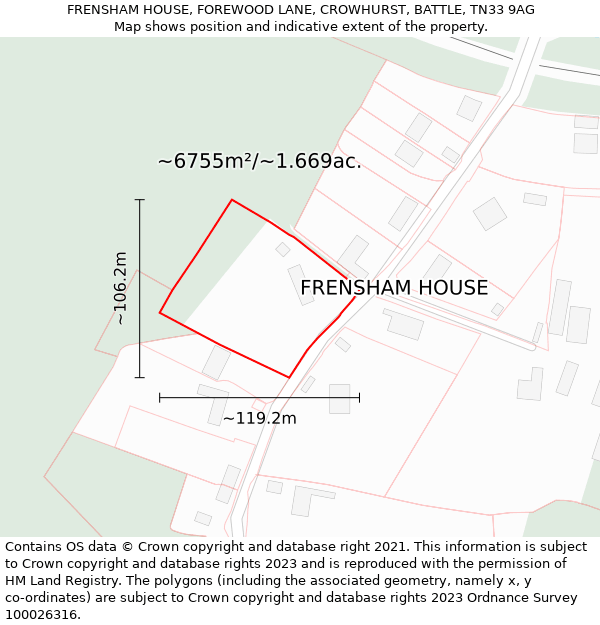 FRENSHAM HOUSE, FOREWOOD LANE, CROWHURST, BATTLE, TN33 9AG: Plot and title map