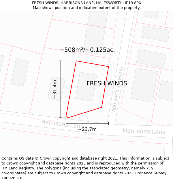 FRESH WINDS, HARRISONS LANE, HALESWORTH, IP19 8PX: Plot and title map