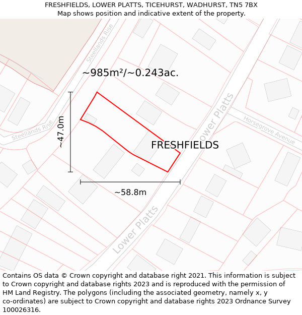 FRESHFIELDS, LOWER PLATTS, TICEHURST, WADHURST, TN5 7BX: Plot and title map