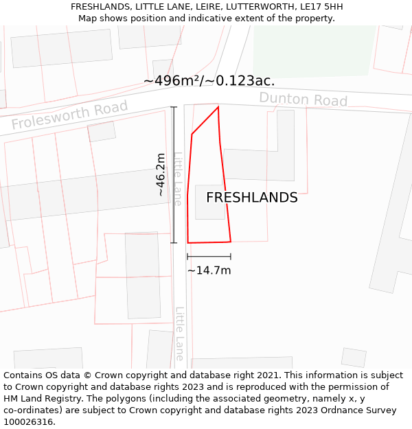 FRESHLANDS, LITTLE LANE, LEIRE, LUTTERWORTH, LE17 5HH: Plot and title map