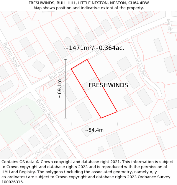 FRESHWINDS, BULL HILL, LITTLE NESTON, NESTON, CH64 4DW: Plot and title map