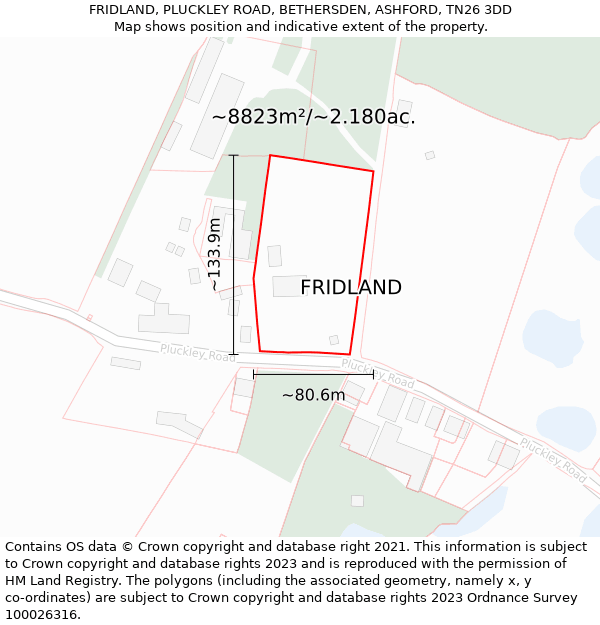 FRIDLAND, PLUCKLEY ROAD, BETHERSDEN, ASHFORD, TN26 3DD: Plot and title map