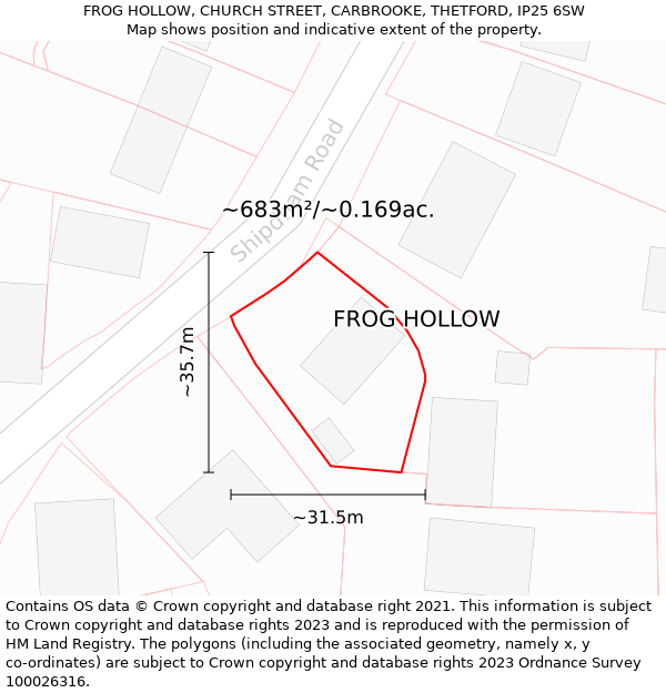 FROG HOLLOW, CHURCH STREET, CARBROOKE, THETFORD, IP25 6SW: Plot and title map