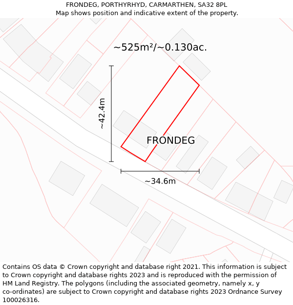 FRONDEG, PORTHYRHYD, CARMARTHEN, SA32 8PL: Plot and title map