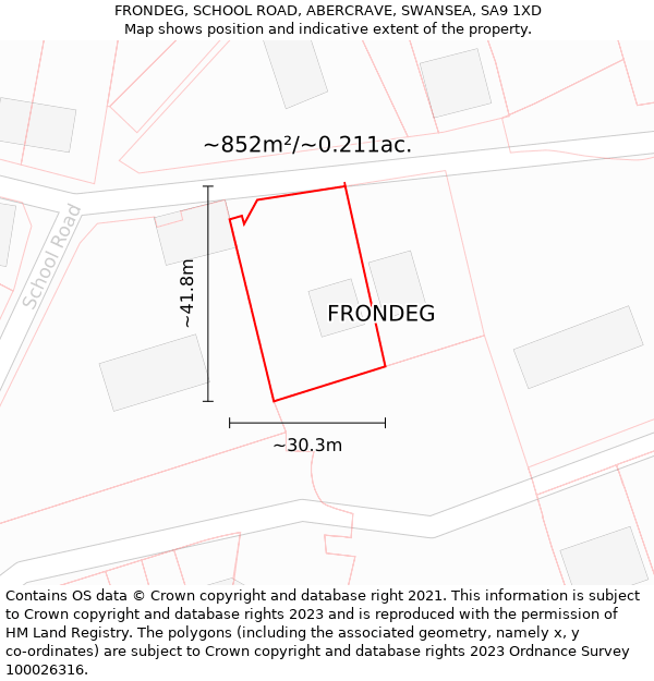 FRONDEG, SCHOOL ROAD, ABERCRAVE, SWANSEA, SA9 1XD: Plot and title map