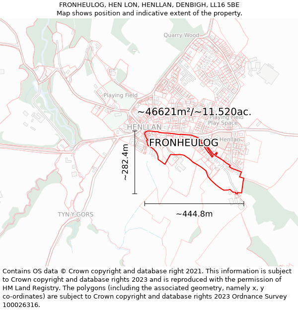 FRONHEULOG, HEN LON, HENLLAN, DENBIGH, LL16 5BE: Plot and title map