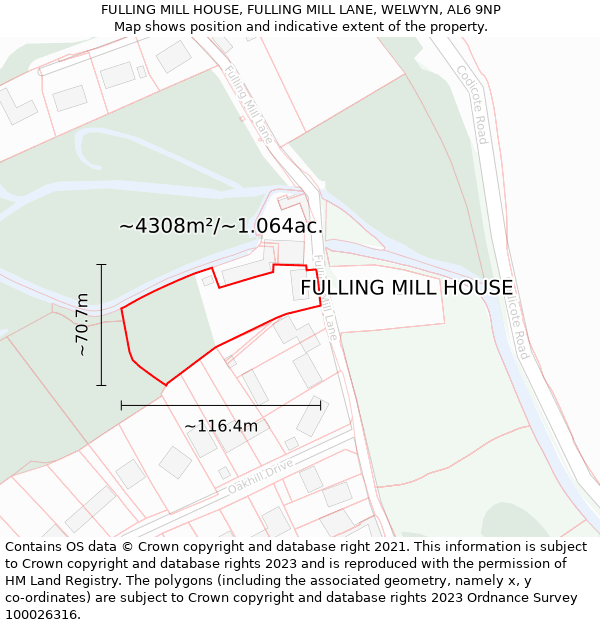 FULLING MILL HOUSE, FULLING MILL LANE, WELWYN, AL6 9NP: Plot and title map