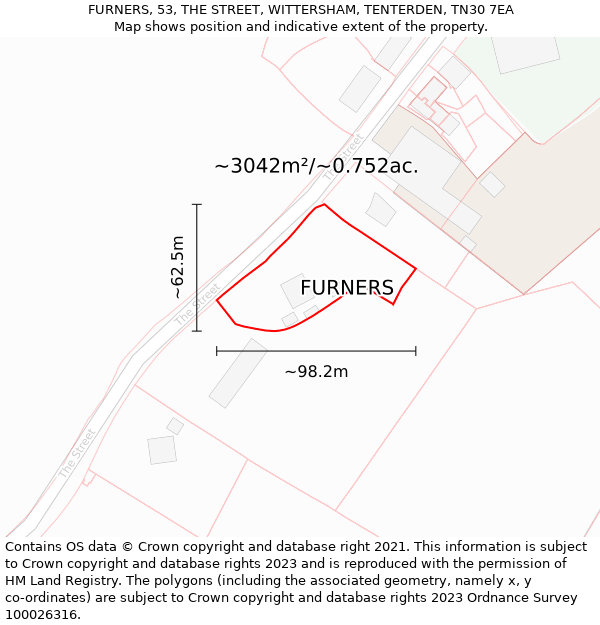 FURNERS, 53, THE STREET, WITTERSHAM, TENTERDEN, TN30 7EA: Plot and title map