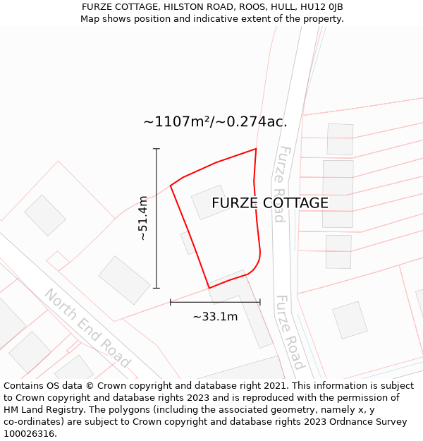 FURZE COTTAGE, HILSTON ROAD, ROOS, HULL, HU12 0JB: Plot and title map