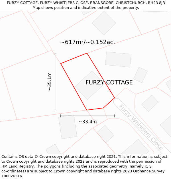 FURZY COTTAGE, FURZY WHISTLERS CLOSE, BRANSGORE, CHRISTCHURCH, BH23 8JB: Plot and title map