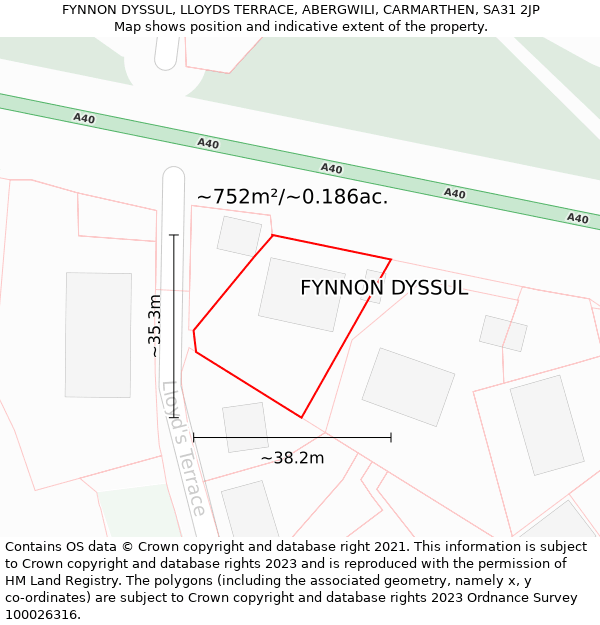 FYNNON DYSSUL, LLOYDS TERRACE, ABERGWILI, CARMARTHEN, SA31 2JP: Plot and title map