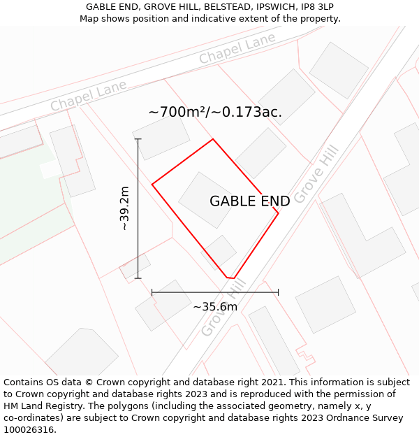 GABLE END, GROVE HILL, BELSTEAD, IPSWICH, IP8 3LP: Plot and title map