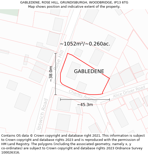GABLEDENE, ROSE HILL, GRUNDISBURGH, WOODBRIDGE, IP13 6TG: Plot and title map