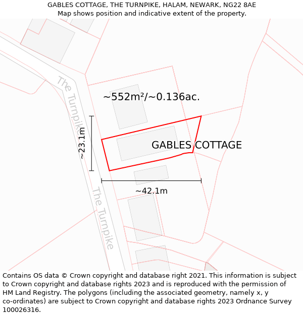 GABLES COTTAGE, THE TURNPIKE, HALAM, NEWARK, NG22 8AE: Plot and title map