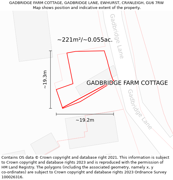 GADBRIDGE FARM COTTAGE, GADBRIDGE LANE, EWHURST, CRANLEIGH, GU6 7RW: Plot and title map