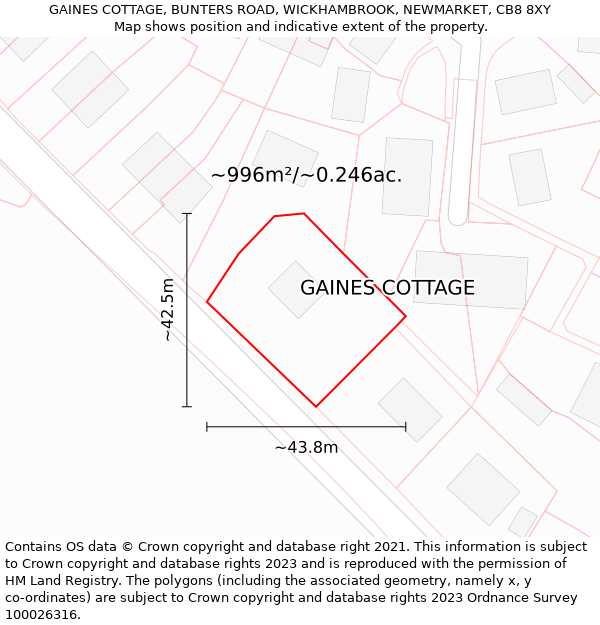 GAINES COTTAGE, BUNTERS ROAD, WICKHAMBROOK, NEWMARKET, CB8 8XY: Plot and title map