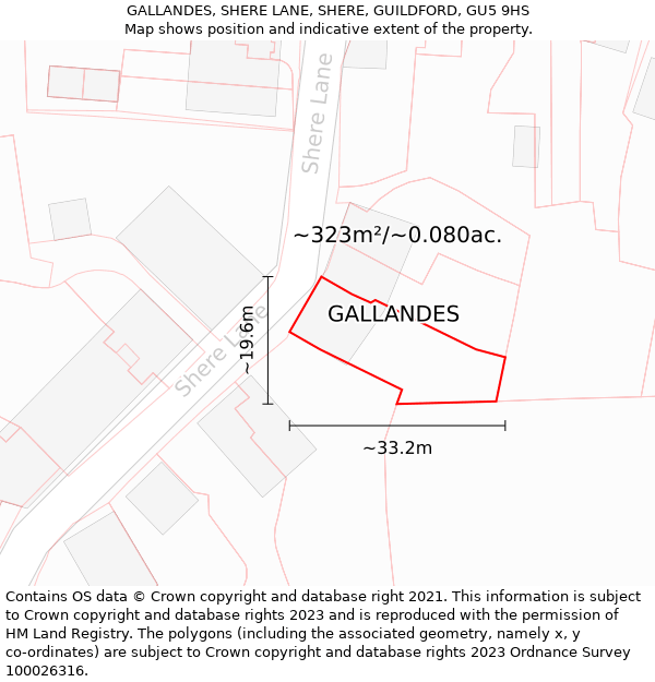 GALLANDES, SHERE LANE, SHERE, GUILDFORD, GU5 9HS: Plot and title map