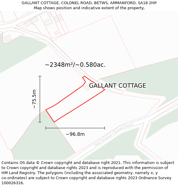 GALLANT COTTAGE, COLONEL ROAD, BETWS, AMMANFORD, SA18 2HP: Plot and title map