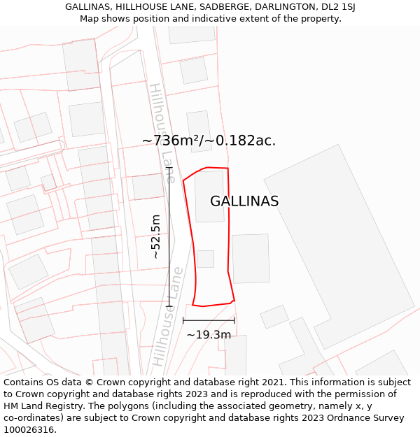 GALLINAS, HILLHOUSE LANE, SADBERGE, DARLINGTON, DL2 1SJ: Plot and title map