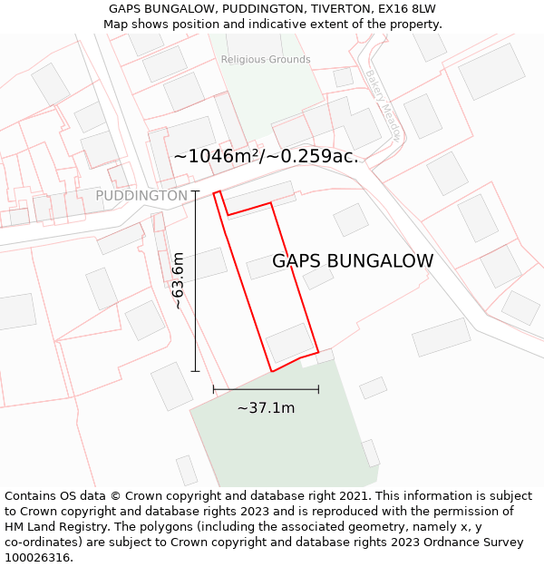 GAPS BUNGALOW, PUDDINGTON, TIVERTON, EX16 8LW: Plot and title map