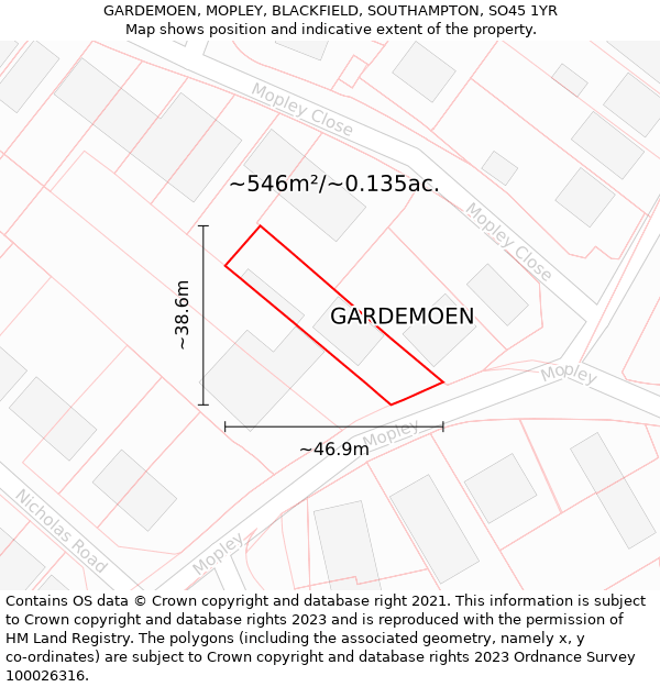 GARDEMOEN, MOPLEY, BLACKFIELD, SOUTHAMPTON, SO45 1YR: Plot and title map