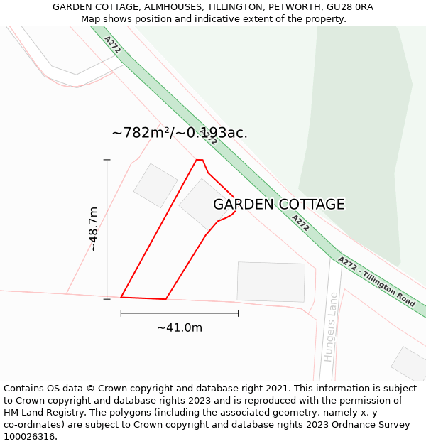 GARDEN COTTAGE, ALMHOUSES, TILLINGTON, PETWORTH, GU28 0RA: Plot and title map