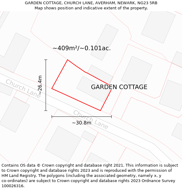 GARDEN COTTAGE, CHURCH LANE, AVERHAM, NEWARK, NG23 5RB: Plot and title map