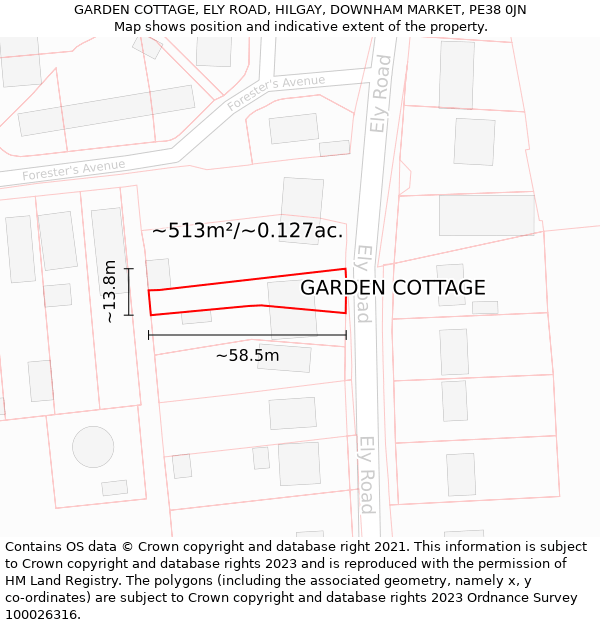 GARDEN COTTAGE, ELY ROAD, HILGAY, DOWNHAM MARKET, PE38 0JN: Plot and title map