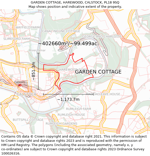 GARDEN COTTAGE, HAREWOOD, CALSTOCK, PL18 9SQ: Plot and title map