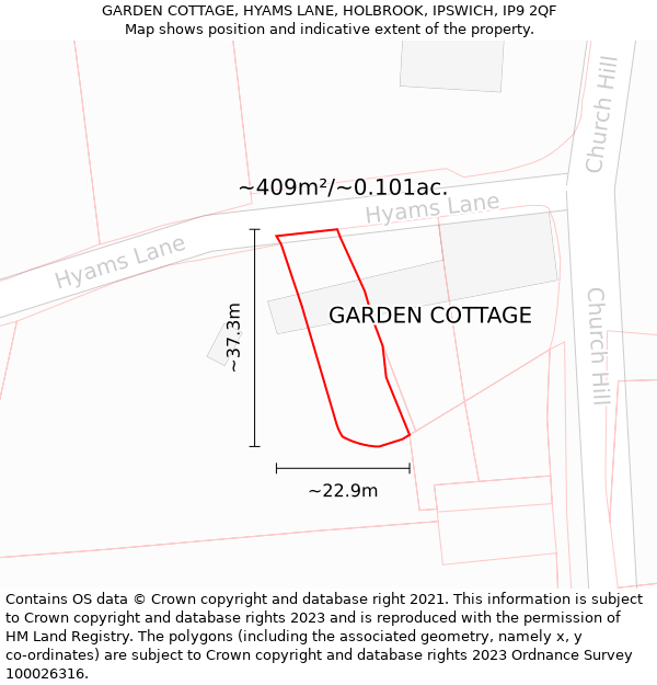 GARDEN COTTAGE, HYAMS LANE, HOLBROOK, IPSWICH, IP9 2QF: Plot and title map