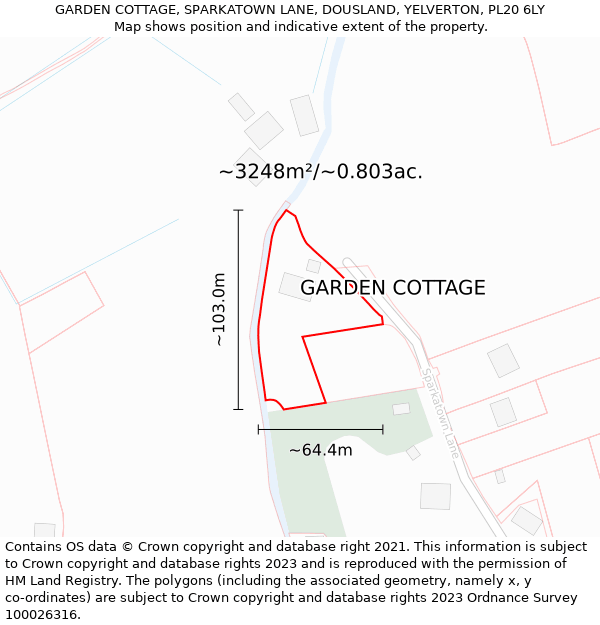 GARDEN COTTAGE, SPARKATOWN LANE, DOUSLAND, YELVERTON, PL20 6LY: Plot and title map