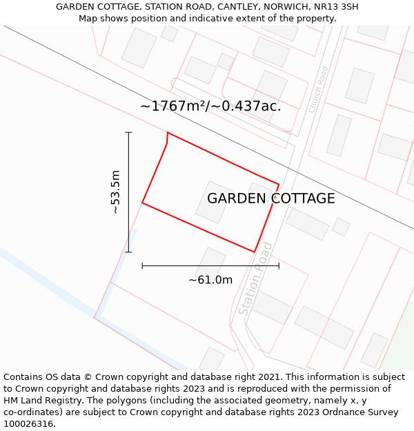 GARDEN COTTAGE, STATION ROAD, CANTLEY, NORWICH, NR13 3SH: Plot and title map